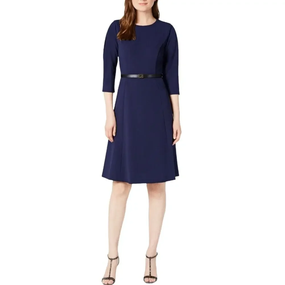 CALVIN KLEIN Navy 3/4 Sleeve Crew Neck Above The Knee Dress - Picture 1 of 9